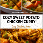 Bowl of Sweet Potato Chicken Curry with tender chicken thighs and vegetables in a creamy sauce.